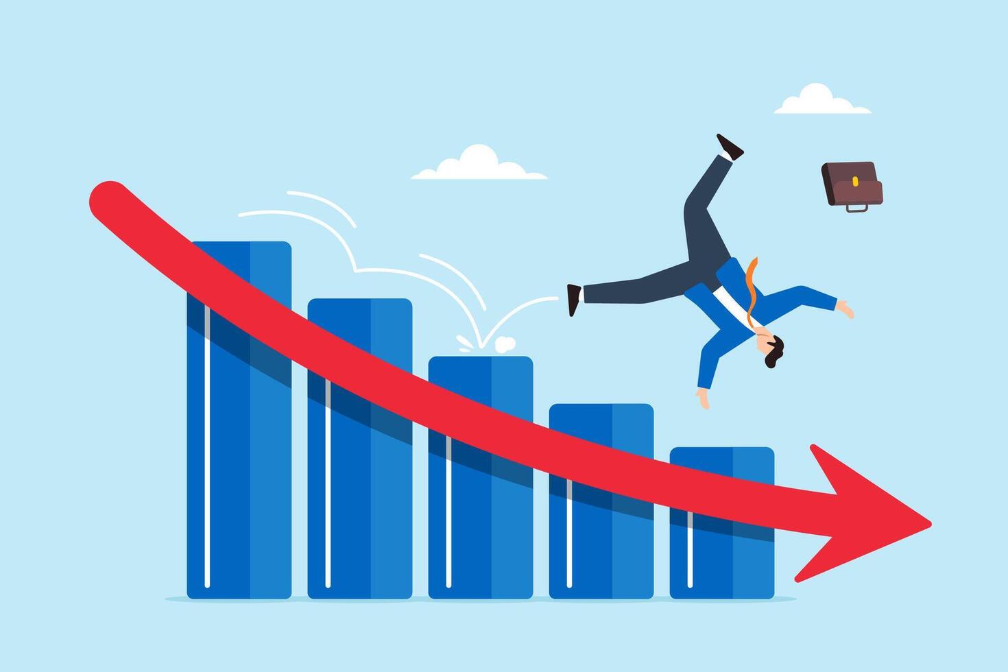 Businessman investor slips on stock market graph and falls to the floor, illustrating stock market plunge or economic downturn. Concept of investing failure or mistakes, price drops, and recessions vector