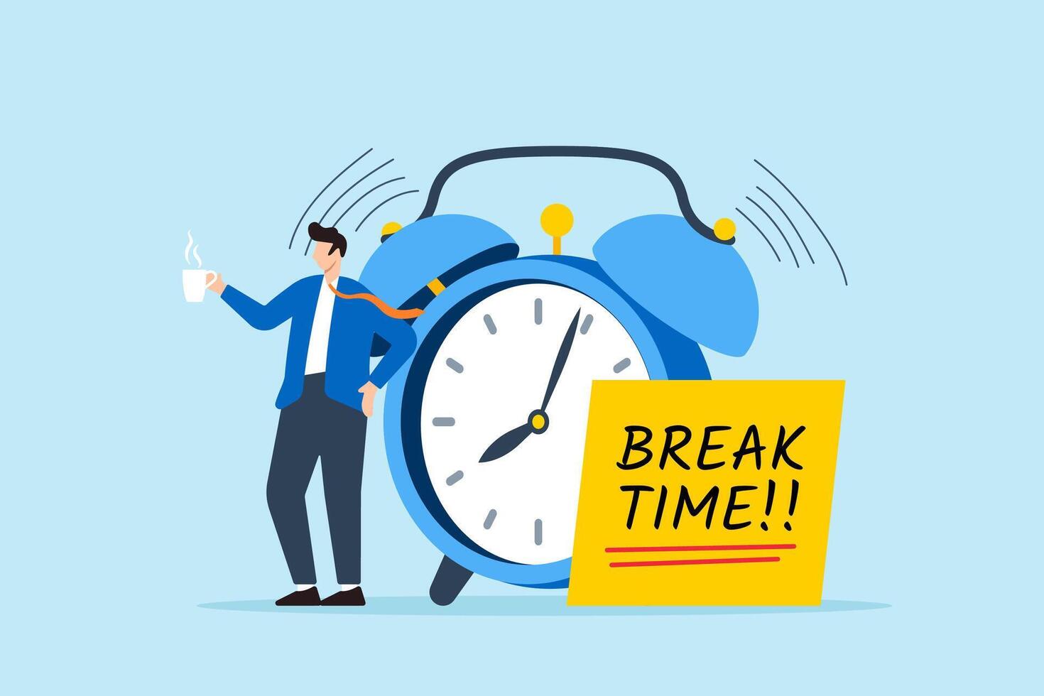 Relaxed businessman enjoys cup of coffee or tea beside alarm clock. Concept of time for break, moment to unwind and refresh from long stressful period, chance to shake boredom, sleepiness, and fatigue vector