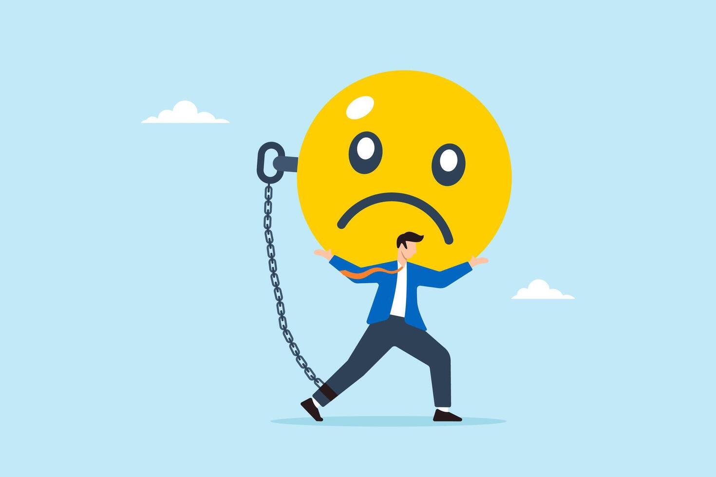 Depressed businessman carries burdened sad face with heavy chain, illustrating weighed down by stress, anxiety, negative emotions. Concept of anger, overwhelm, overworked, mental health or depression vector