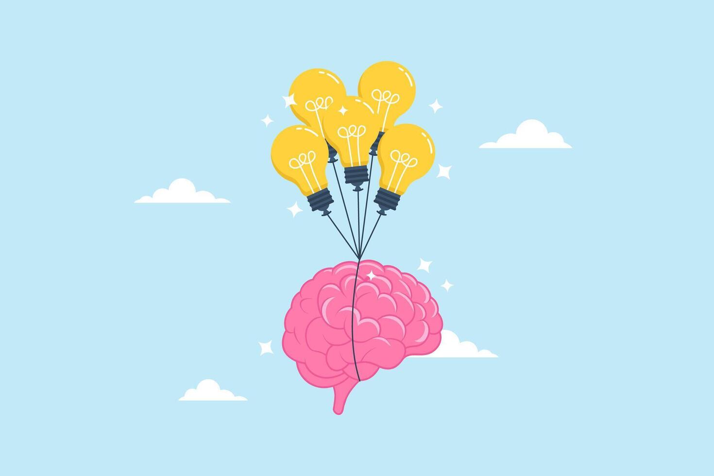 Smart human brain flying alongside lightbulb idea balloons, illustrating creativity and intelligence in achieving success. Concept of ability to apply knowledge, wisdom, innovate and imagination vector