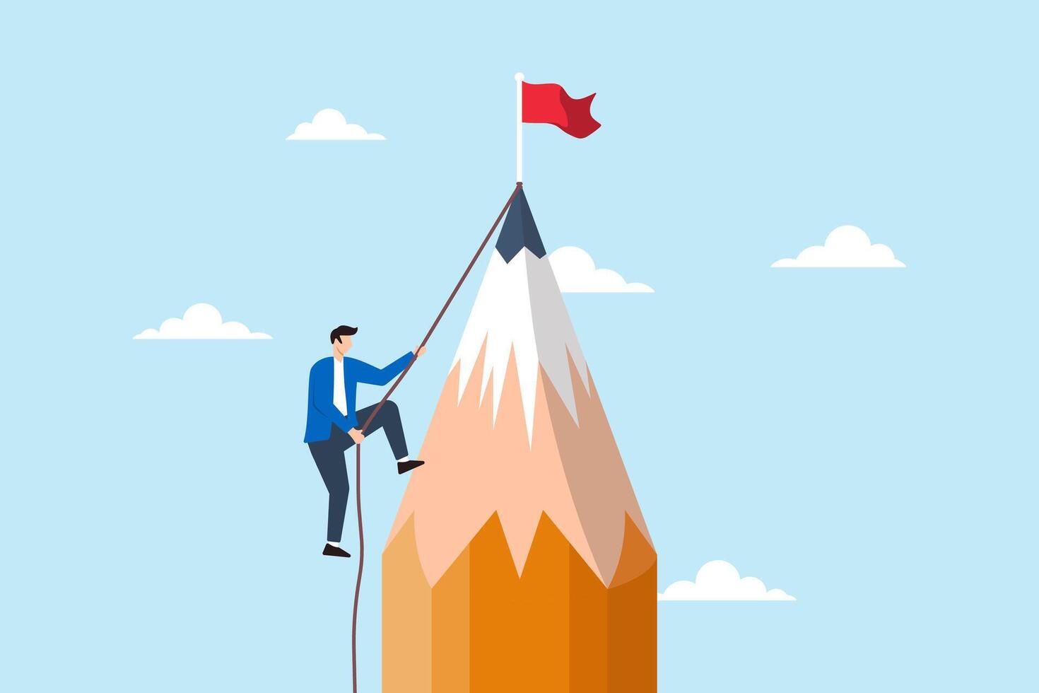 Young creative man climbing pencil mountain, aiming to reach winning flag at peak. Concept of challenges to achieve goals, win in business, creativity, motivation, and inspiration to reach targets vector
