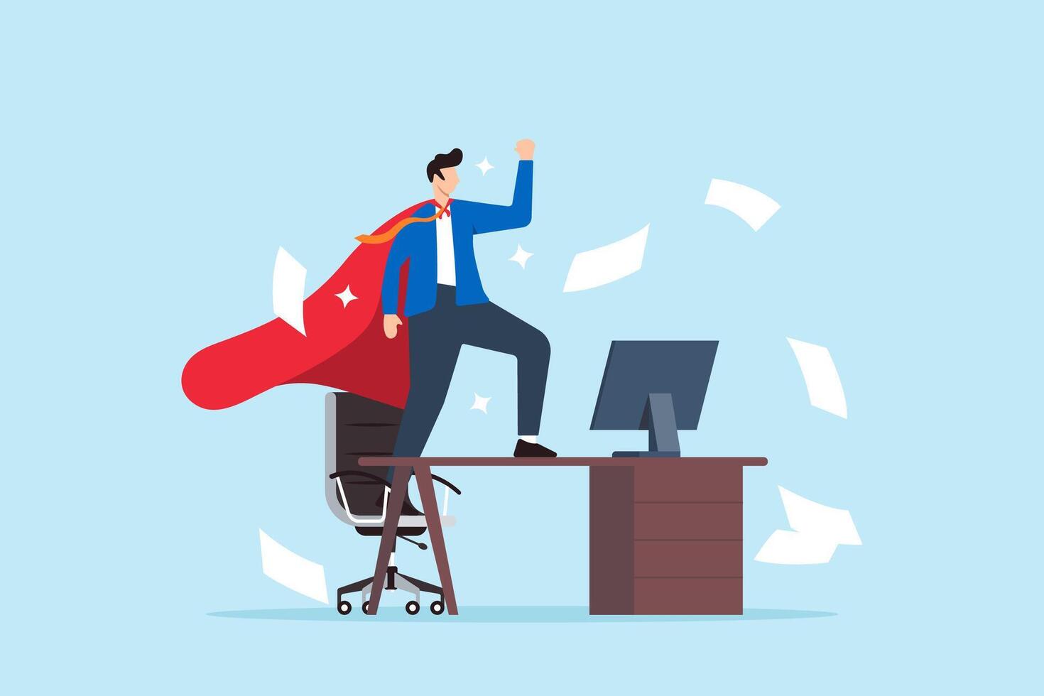 Superhero businessman finishes work at his desk in office, illustrating effective productivity. Concept of motivation to complete tasks, finding solutions, and overcoming challenges vector