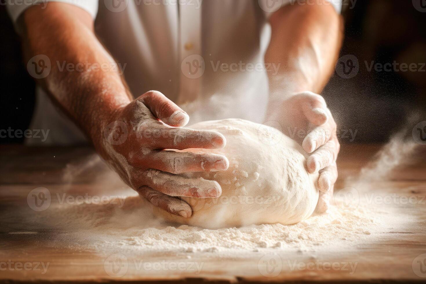 The chef's manly hands kneading the dough. photo