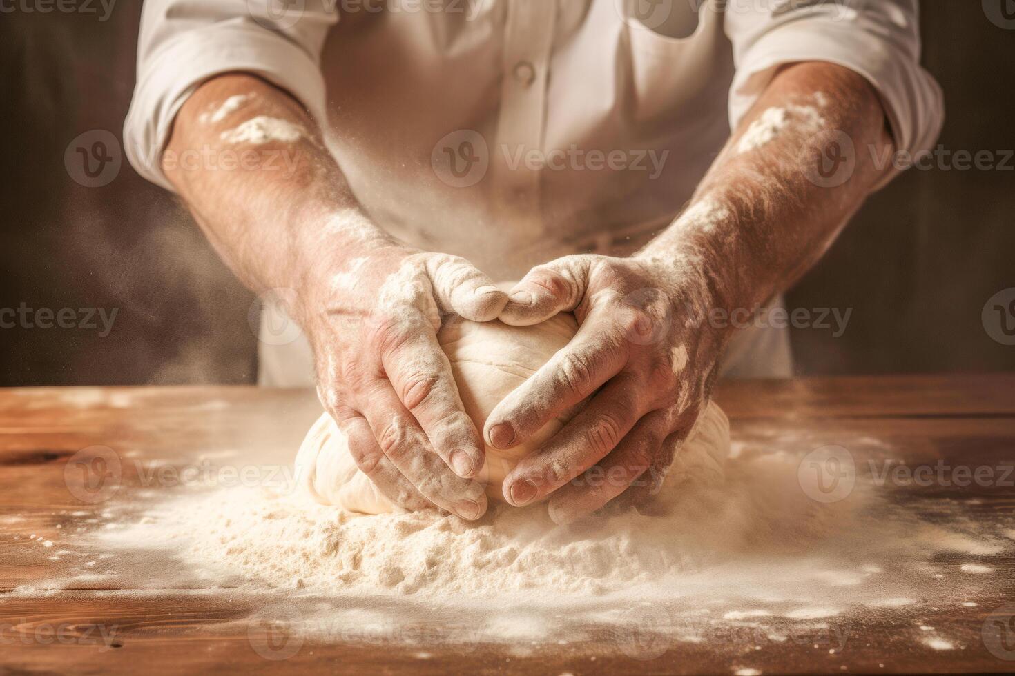 The chef's manly hands kneading the dough. photo