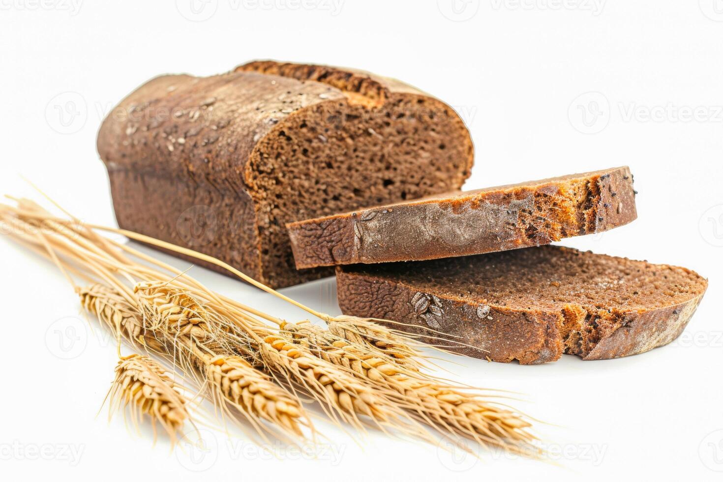 Dark bread and ears of grain on a white background. photo