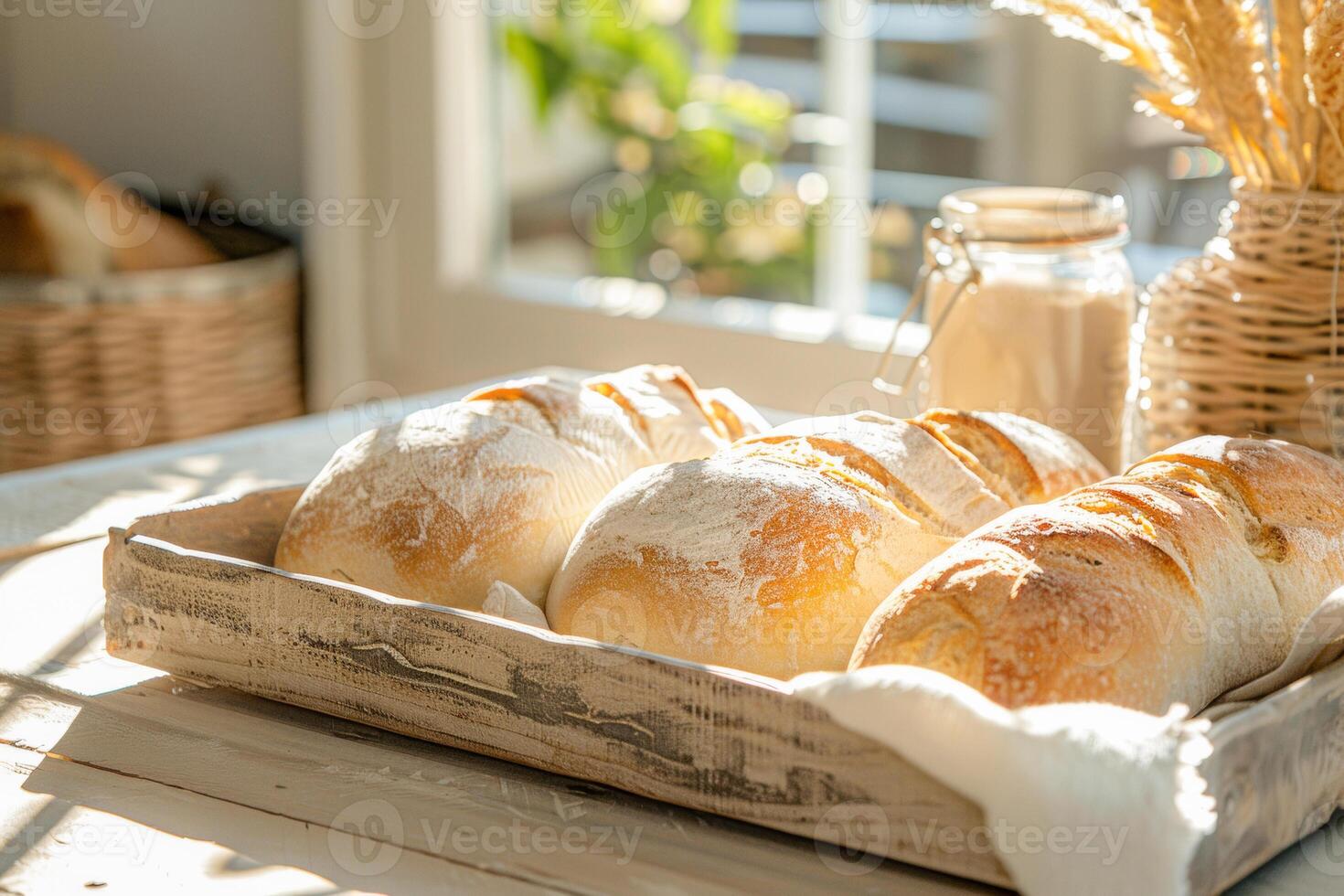 Loaves of white bread on a wooden tray. Fresh bread concept, breakfast concept. photo
