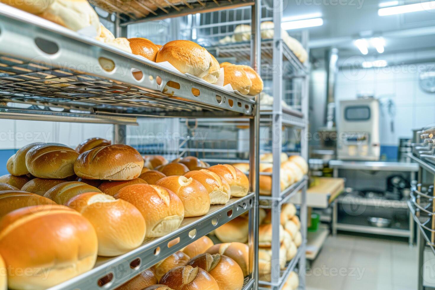 Commercial kitchen with racks with bread and trays with fresh buns. photo
