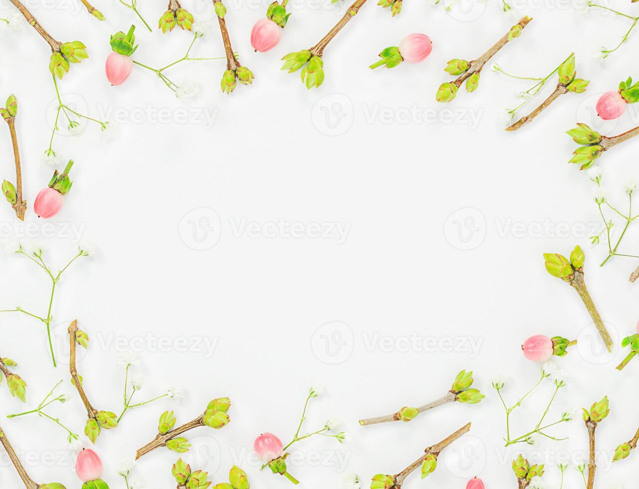 Spring background of small twigs with buds and pink berries on light backdrop with blank circle in the middle photo