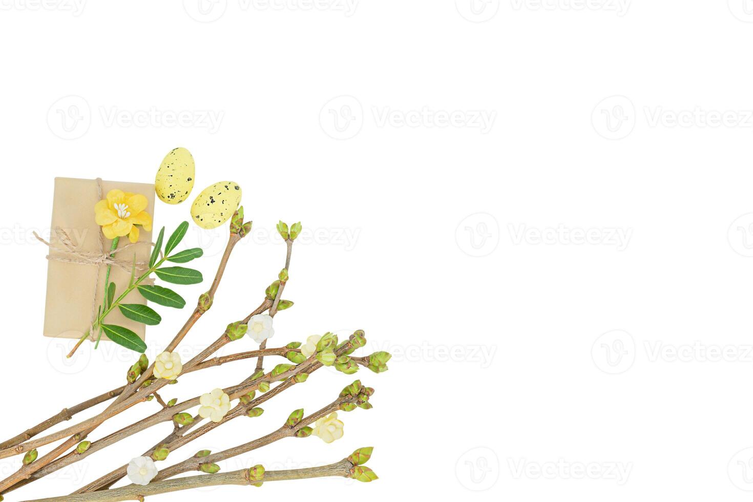 Holiday spring easter card with twigs, gift box, eggs, leaf and flower isolated on white background photo