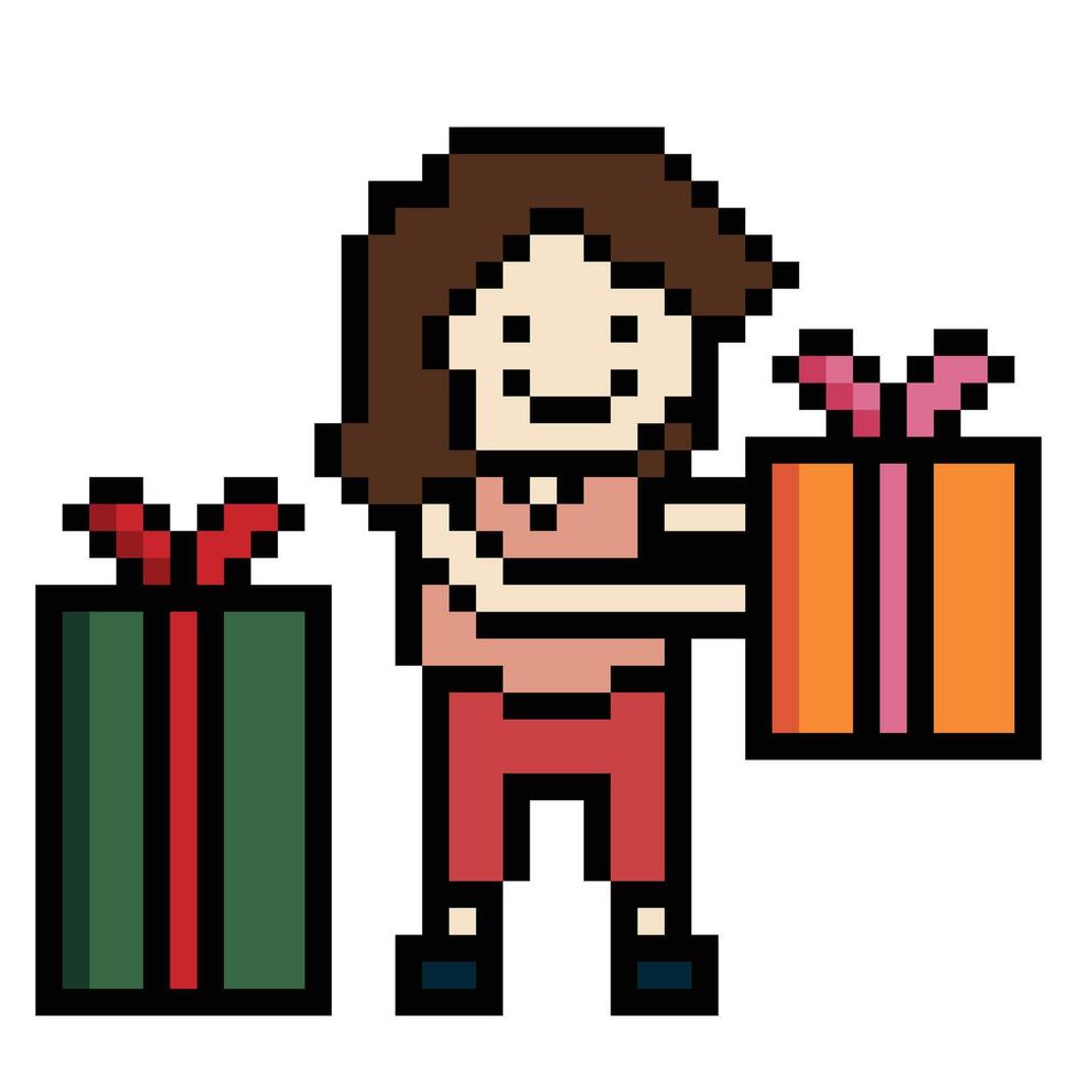 Cute pixel cartoon character woman hold gift box bonus reward decoration 8 bit female girl give gift box shopping birthday christmas day game. vector