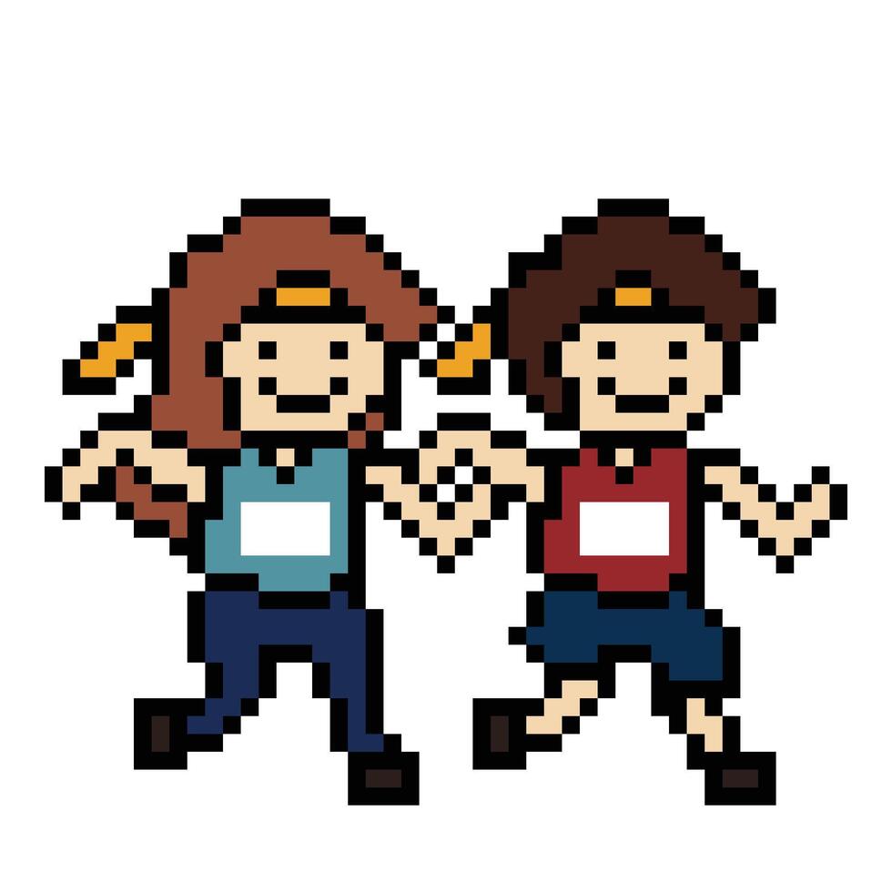 Cute pixel cartoon 8bit character man woman run together running lifestyle decoration life style 8 bit run together love marathon bib exercise. vector