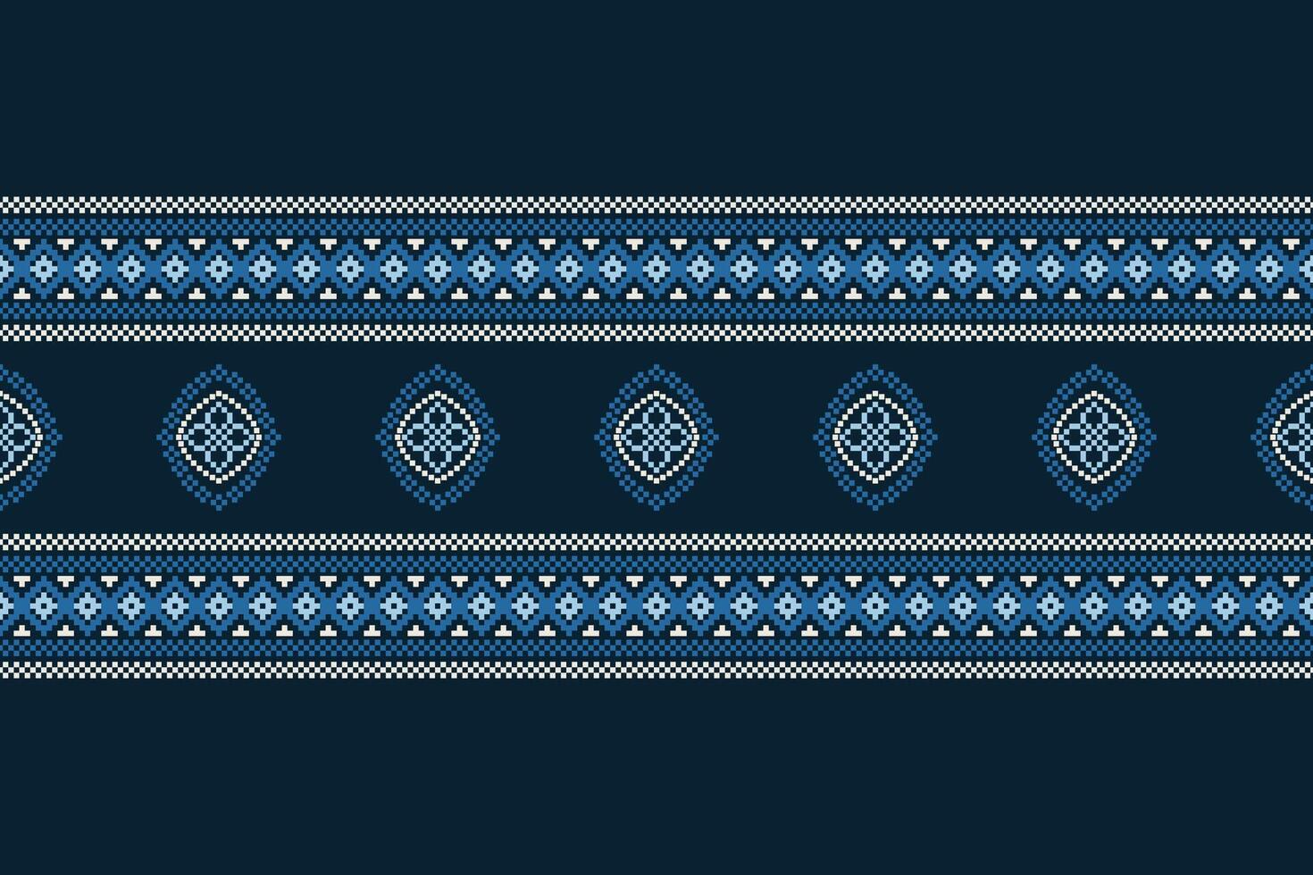 Traditional ethnic motifs ikat geometric fabric pattern cross stitch.Ikat embroidery Ethnic oriental Pixel navy blue background. Abstract,illustration. Texture,decoration,wallpaper. vector