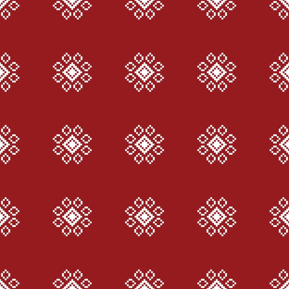 Traditional ethnic motifs ikat geometric fabric pattern cross stitch.Ikat embroidery Ethnic oriental Pixel red background. Abstract,illustration. Texture,christmas,decoration,wallpaper. vector