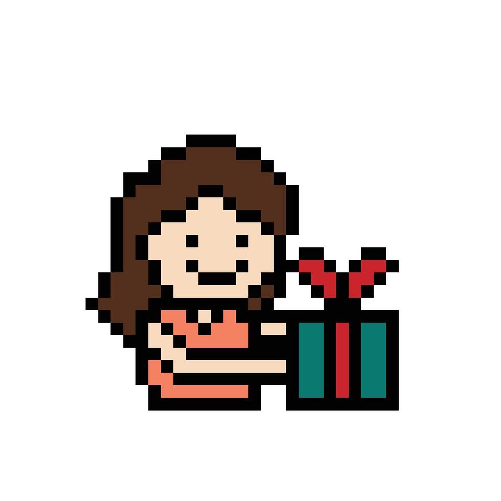 Cute pixel cartoon character woman hold gift box bonus reward decoration 8 bit female girl give gift box shopping birthday christmas day game. vector