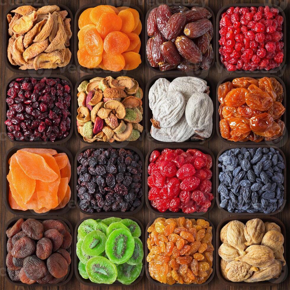 candied and dried fruit on table, top view. colorful food background photo