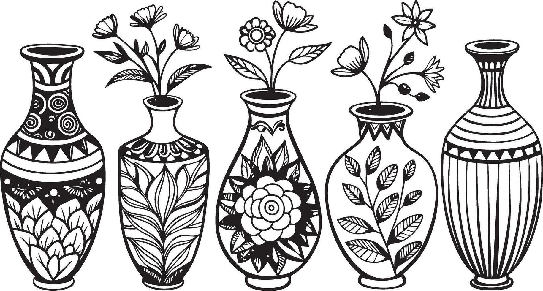 set of vases with floral ornament. Black and white illustration. vector