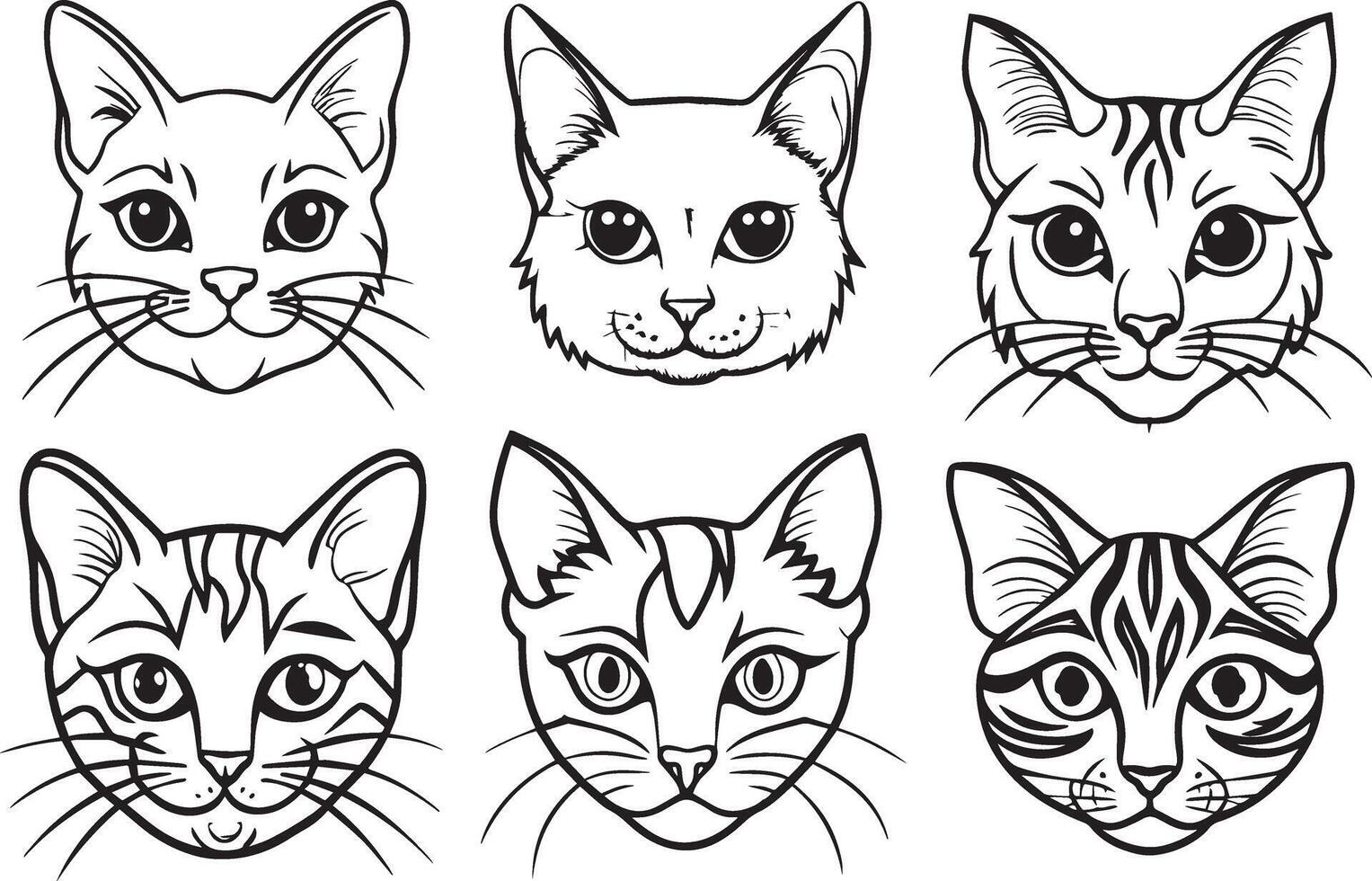 Set of cats heads, illustration in black and white colors. vector