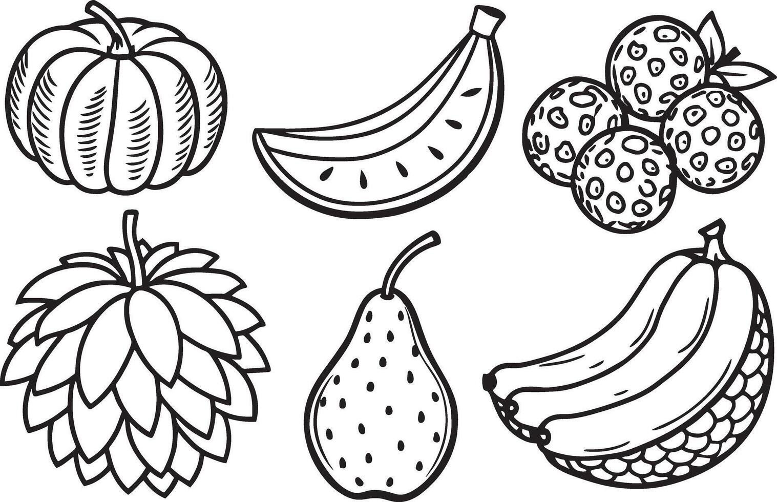 mano dibujado negro y blanco conjunto de frutas y vegetales. ilustración. vector