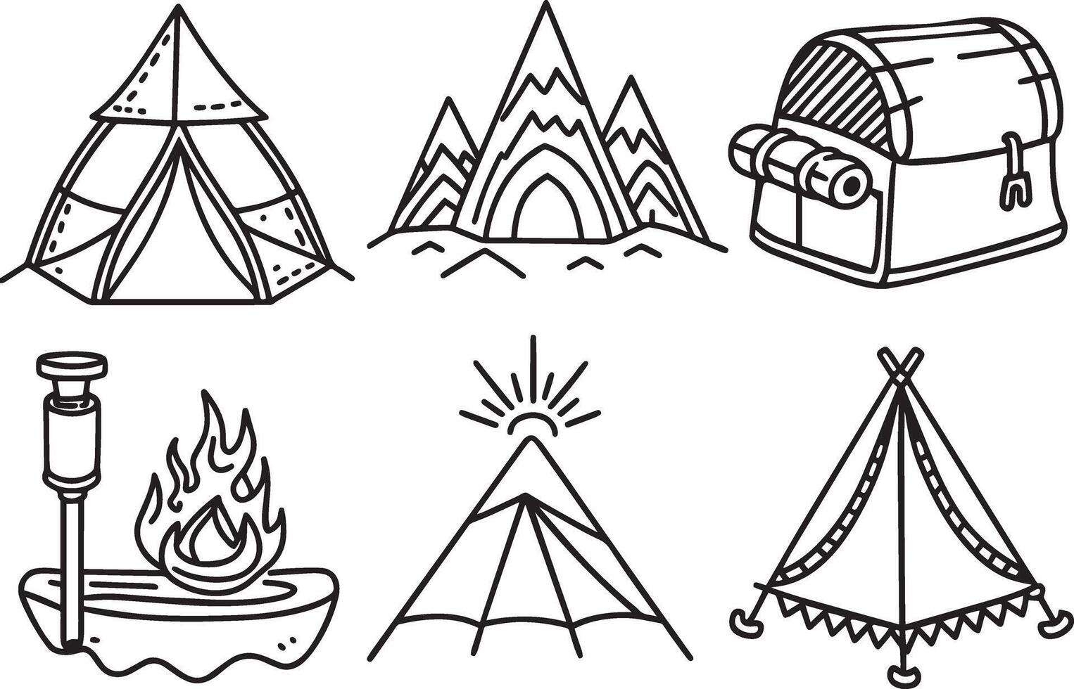 Outline icons set of tourist tent and campfire. illustration. vector