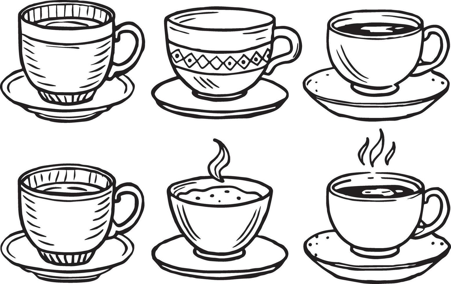 Coffee cup set. Black and white illustration for coloring book. vector