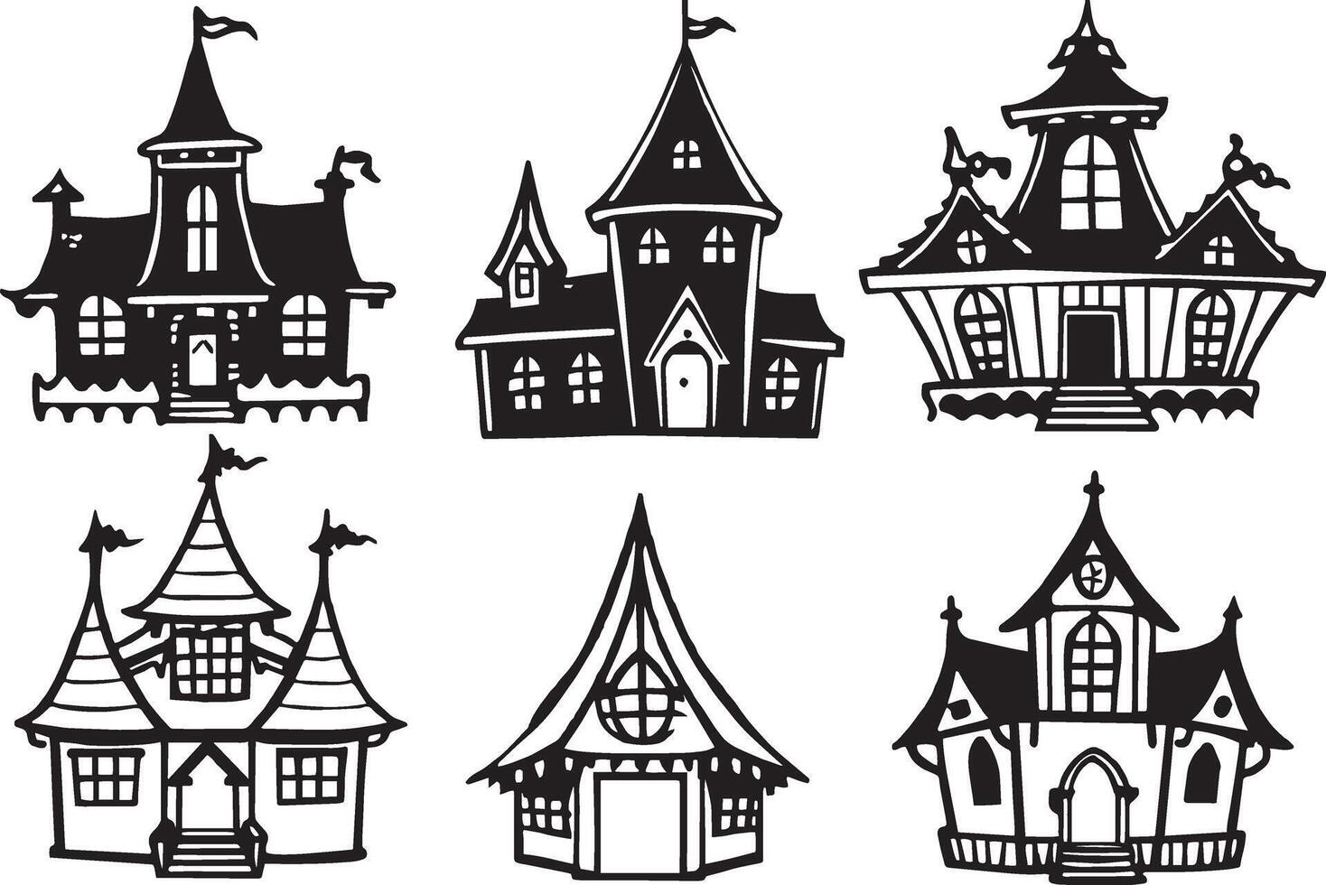 Set of Halloween Houses - Black and White Illustrations. vector