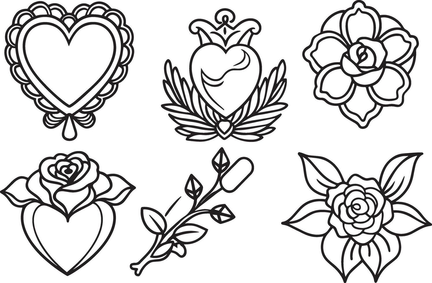set of hand drawn doodle hearts, roses, leaves and branches. vector