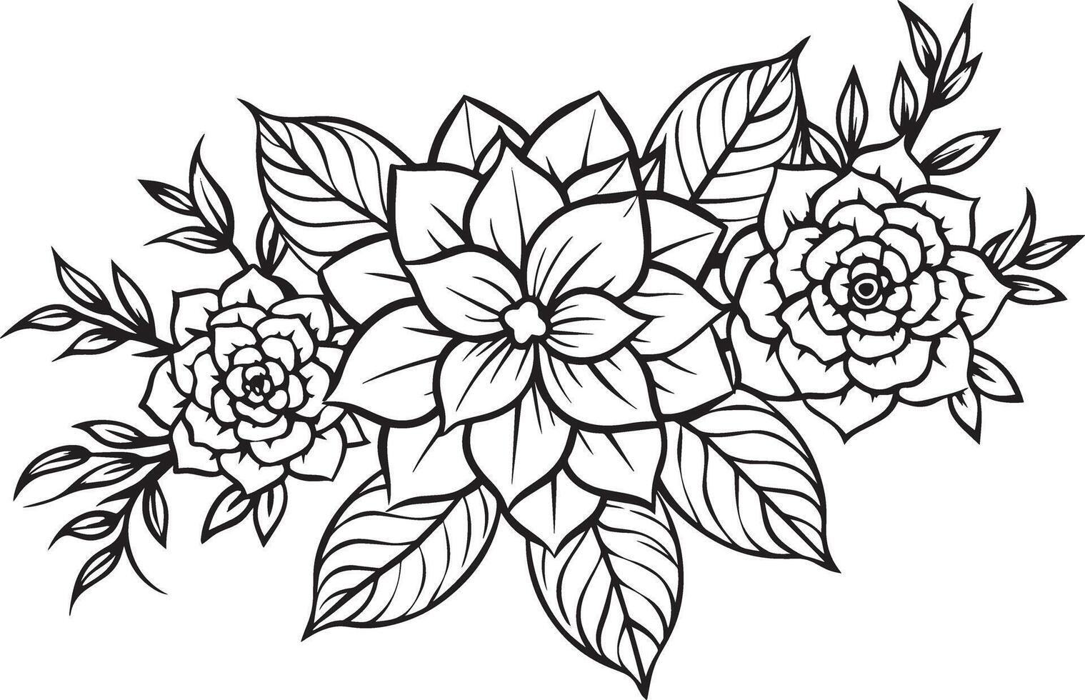 Black and white flowers and leaves. Floral background for coloring book. vector