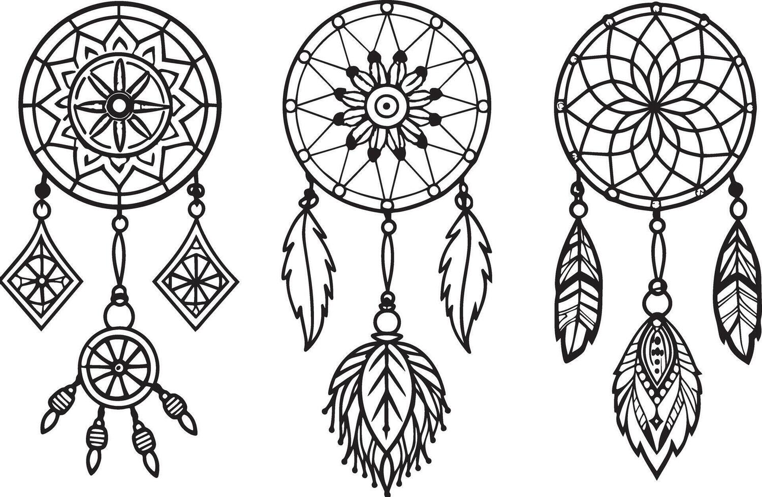 Set of dreamcatchers in black and white. illustration. vector