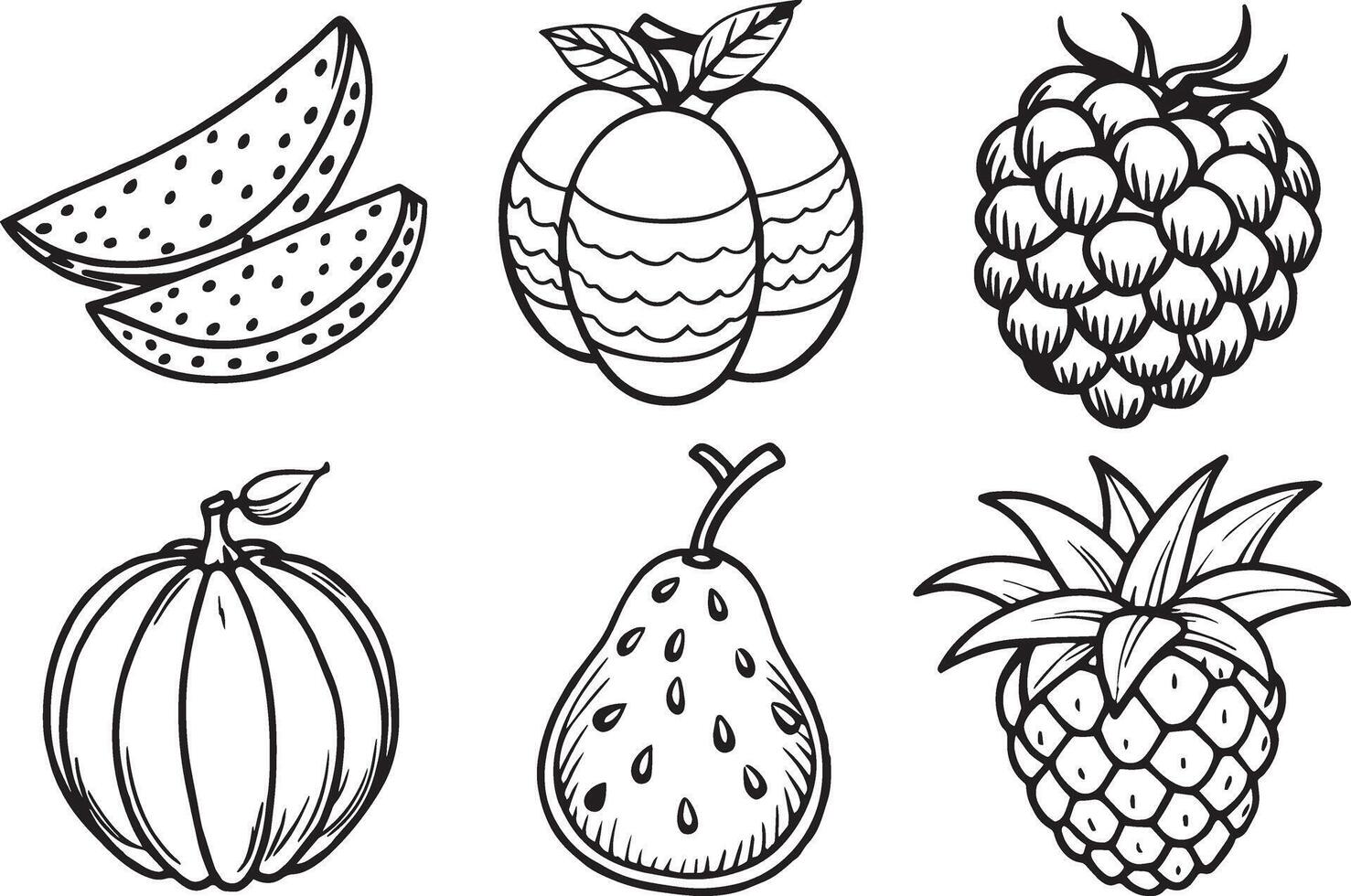 Set of hand drawn fruits. Black and white. illustration. vector