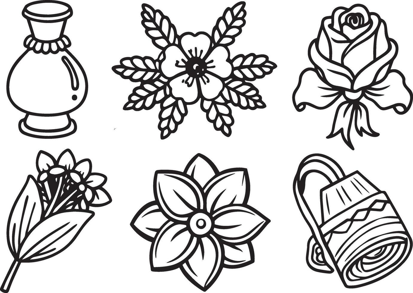 set of hand drawn doodle flowers, leaves and vase. vector