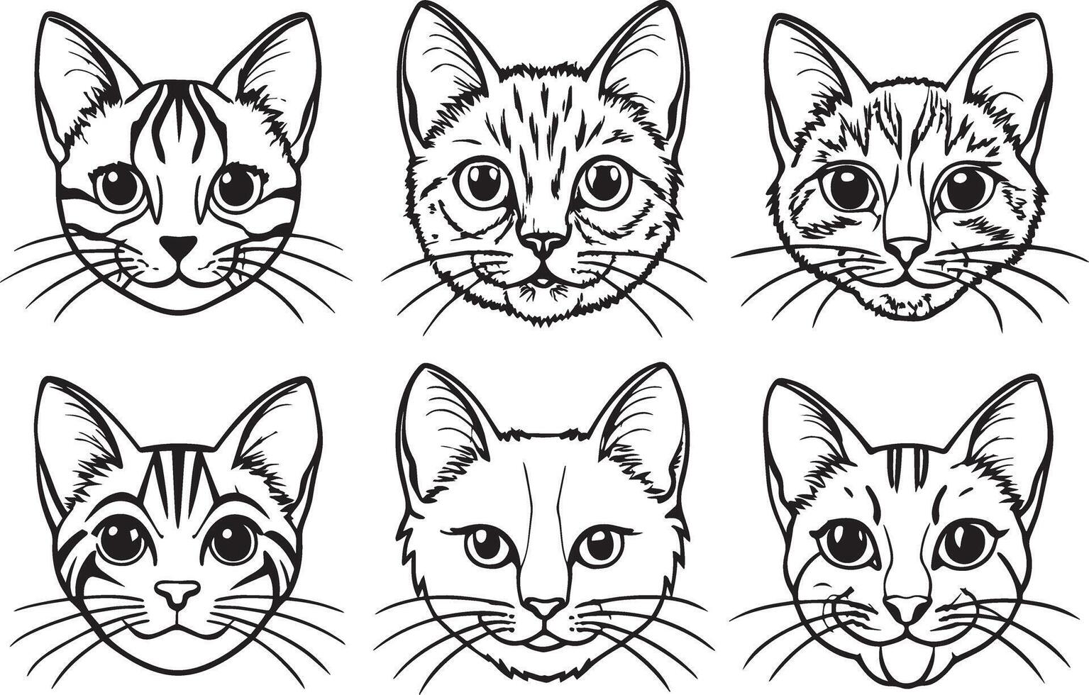 Set of cats heads, illustration in black and white colors. vector