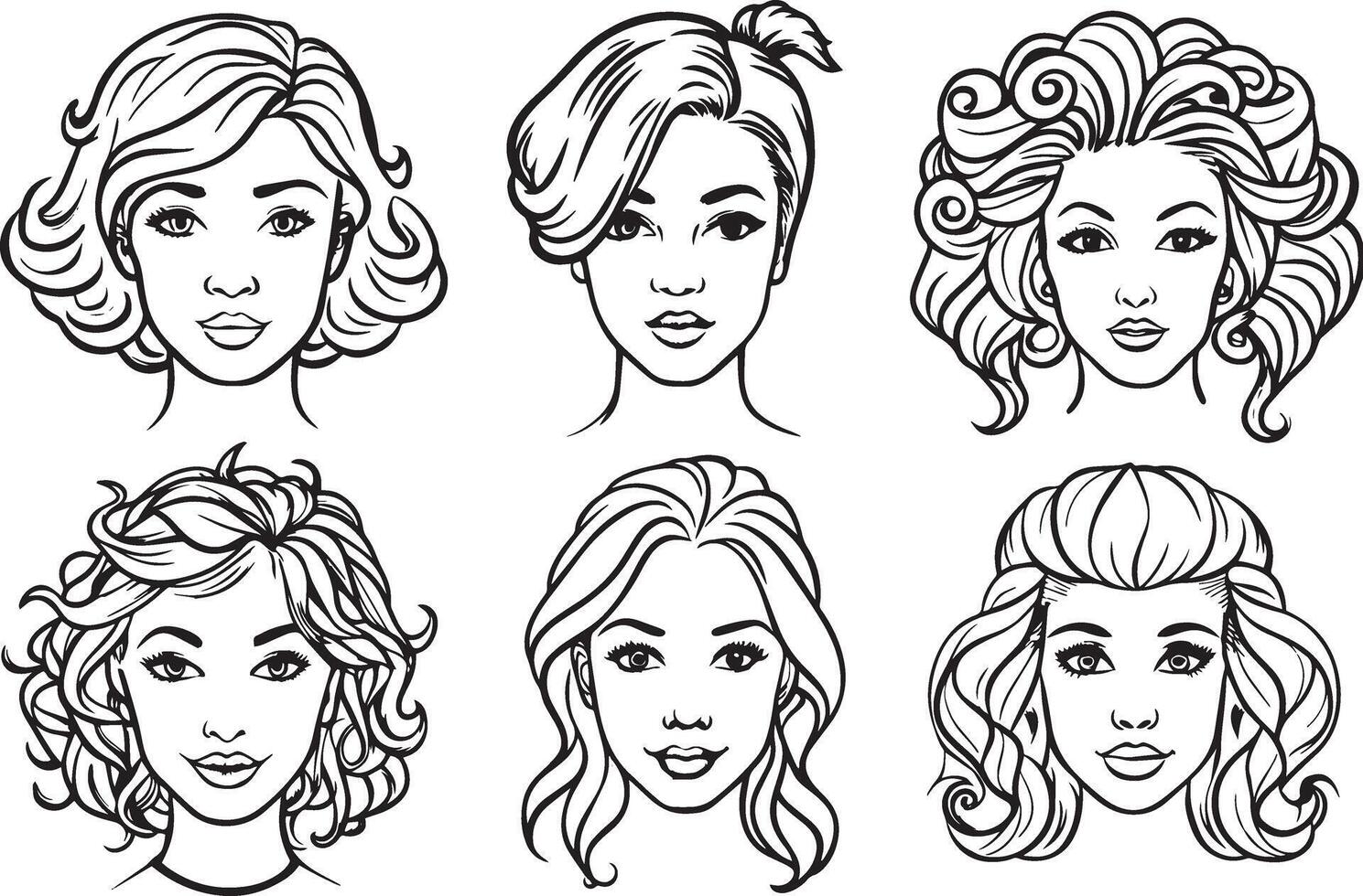 set of women with different hairstyles in black and white colors vector