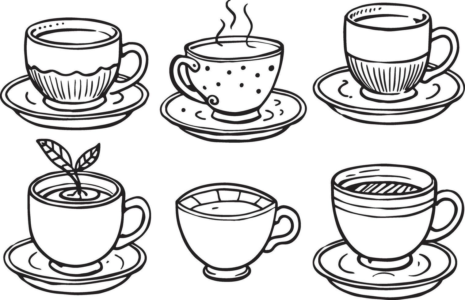 Coffee cup set. Black and white illustration for coloring book. vector