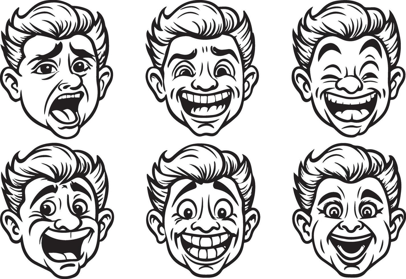 Set of cartoon men facial expressions . illustration in black and white colors. vector