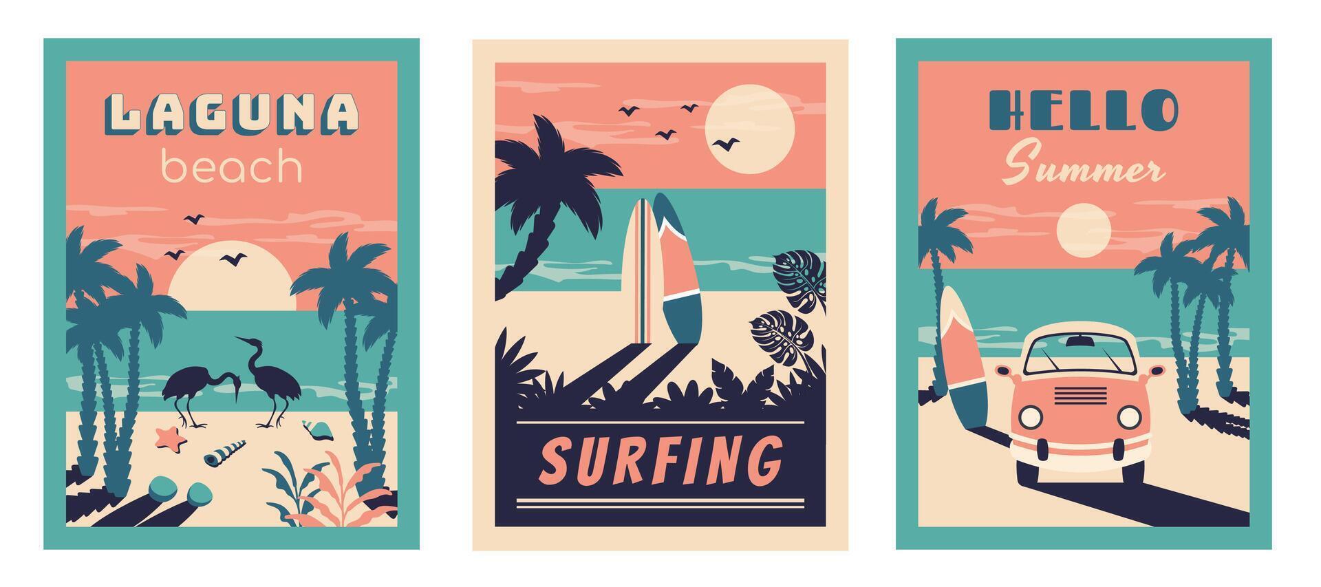 Set of summer beach vintage card. Summer background. Tropical seascape with silhouettes of bus camper, palm leaves, flamingo, surfboards, starfish, seashells. flat illustration for travel vector