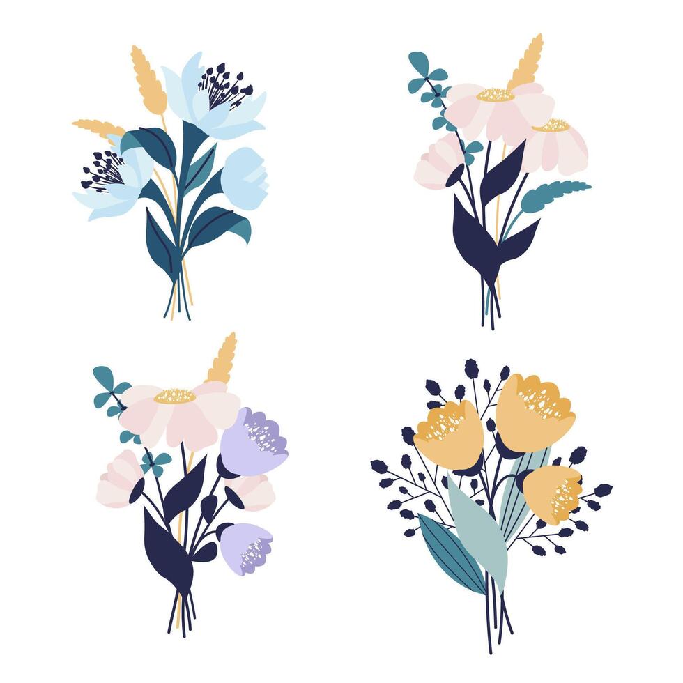 Set of beautiful bouquets of garden flowers, herbal plants, blooms, wildflowers isolated on white background. Floral template for greeting card, Women's Day, Mother's Day. flat illustration vector