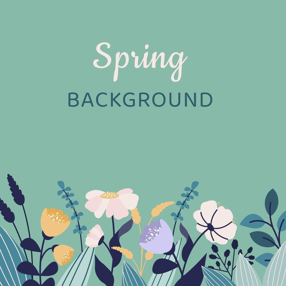 Spring botanical banner with beautiful colorful flowers, leaves, blooms, herbal plants, wildflowers. Floristic background. Floral template. flat illustration vector