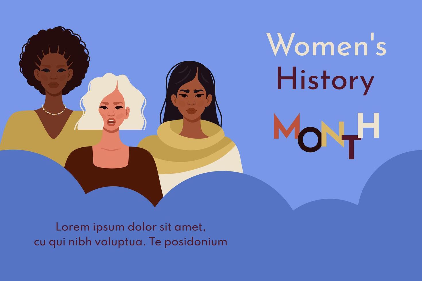 Women's history month. Horizontal banner. Young womens of different nationalities. Movement for Women's Rights. Feminism, women empowerment, gender equality concept. flat illustration vector