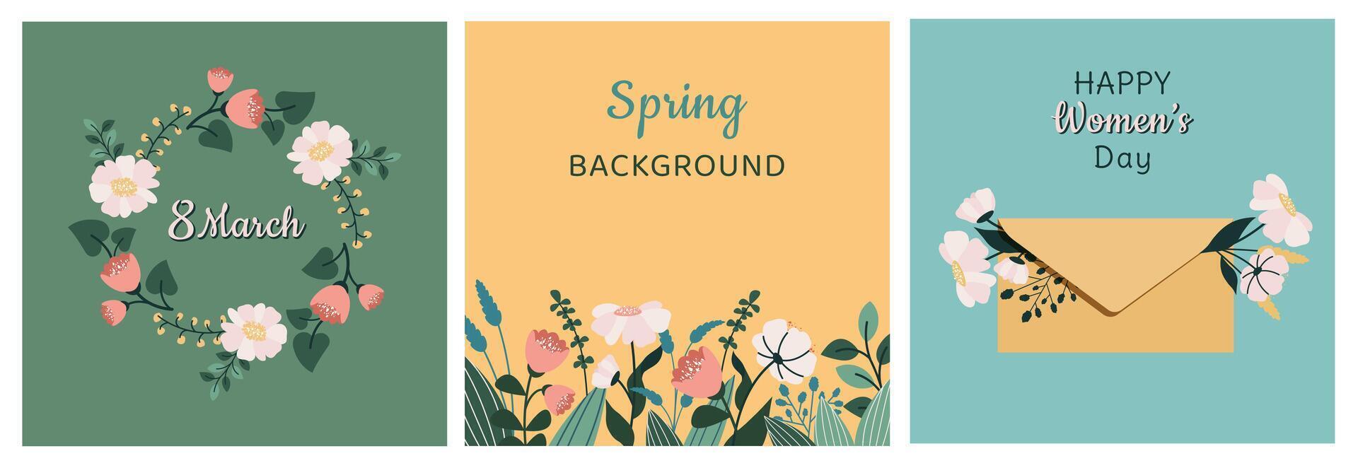Set of greeting cards for Mother's Day, March 8, spring holiday. Floristic template, design. Beautiful flowers, floral wreath, envelope with flowers. cartoon illustration vector