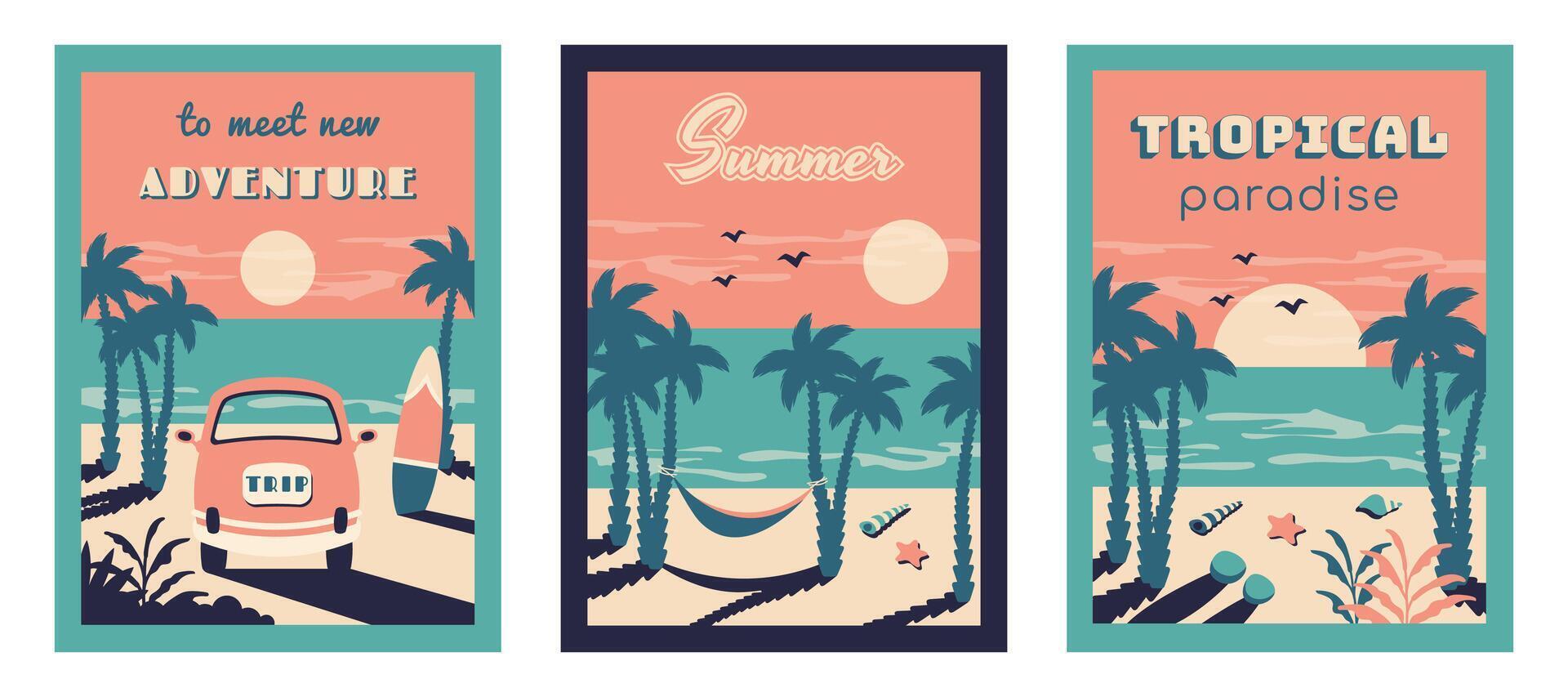 Set of summer beach vintage card. Summer background. Tropical seascape with bus, silhouettes of palms, leaves, hammock, surfboard, starfish, seashells. flat illustration for travel, holidays vector