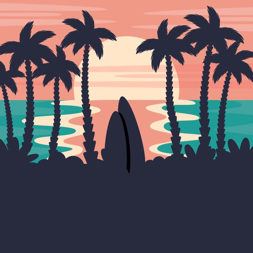 Sunset beach in vintage style. Summer beach background. Beautiful seascape with silhouettes of tropical palm leaves, sunrise, surfboards, ocean. cartoon flat illustration vector