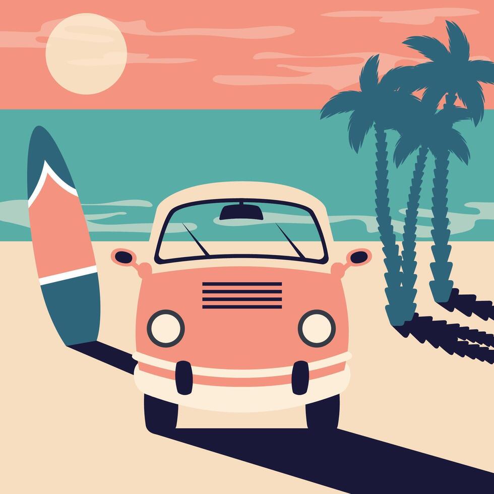 Family car trip. Bus camper with surfboard on beach. Retro Summer beach background with tropical palms, ocean. Travel by minibus concept. vintage flat illustration vector