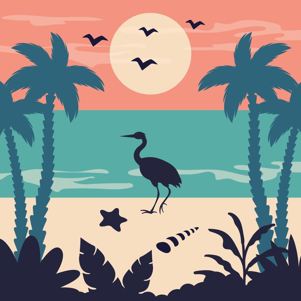 Tropical Landscape vintage. Summer beach background. Beautiful seascape with silhouettes of exotic palms, flamingo, starfish, seashells. flat illustration for travel, card, holidays, poster vector