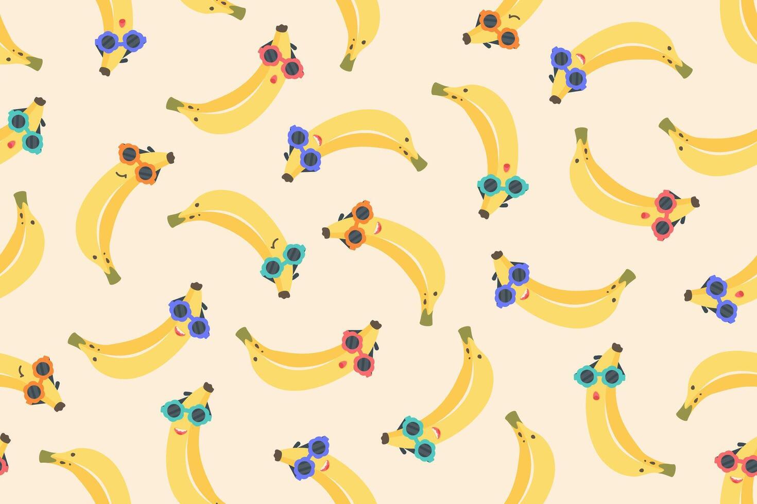 Banana seamless pattern. Hand drawn Cute smiling bananas in color sunglasses with different emotions. Banana cartoon background. illustration for wallpaper, textile, print, baby products vector