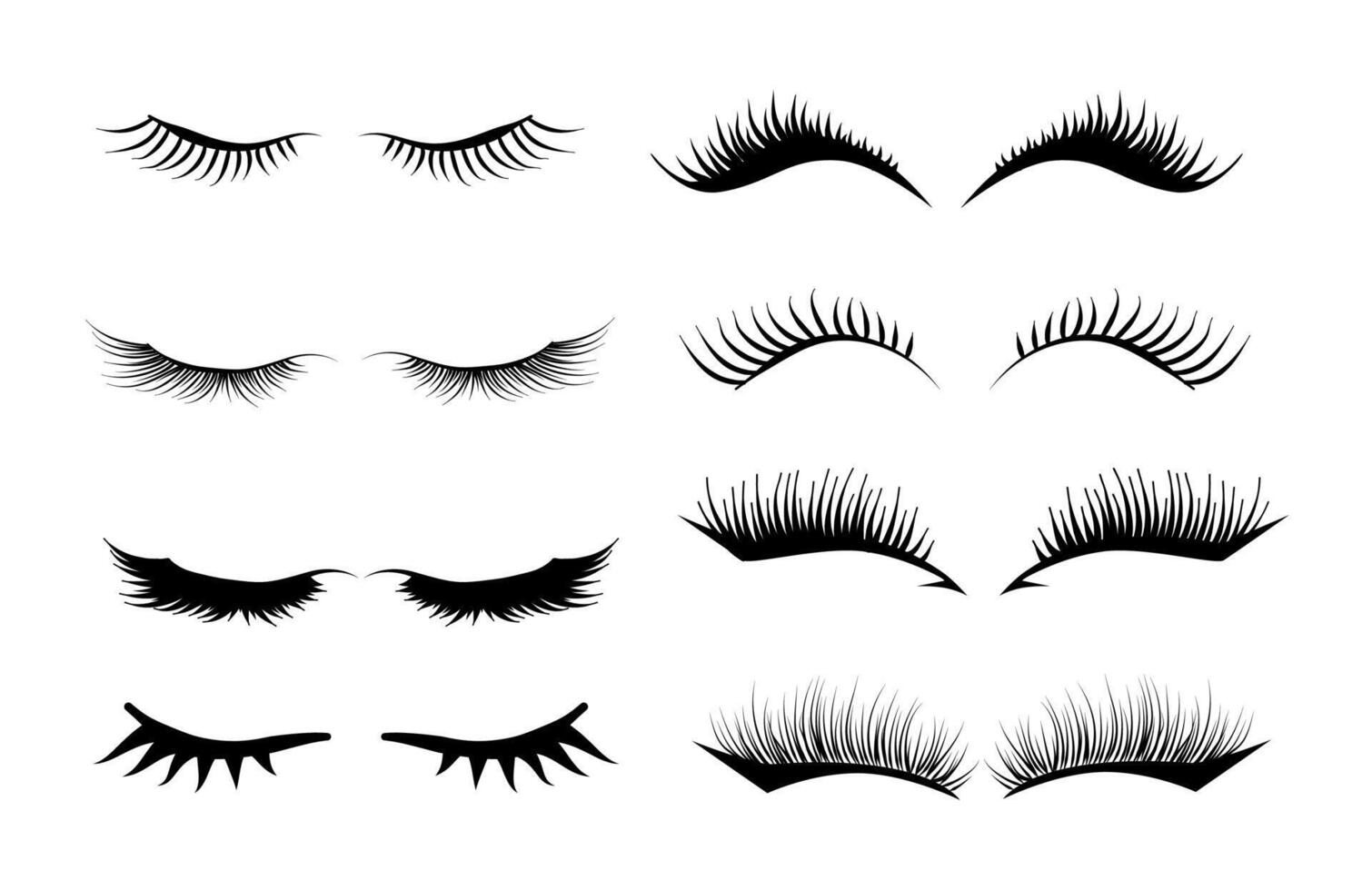 Different False Eyelashes. Female Lashes Extensions Sketch. Long black lashes set vector