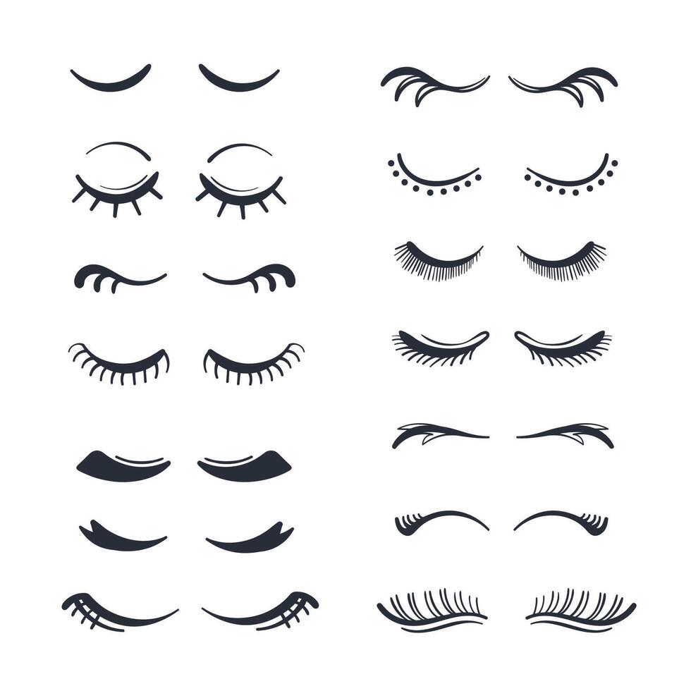 Different False Eyelashes. Female Lashes Extensions Sketch. Long black lashes set vector