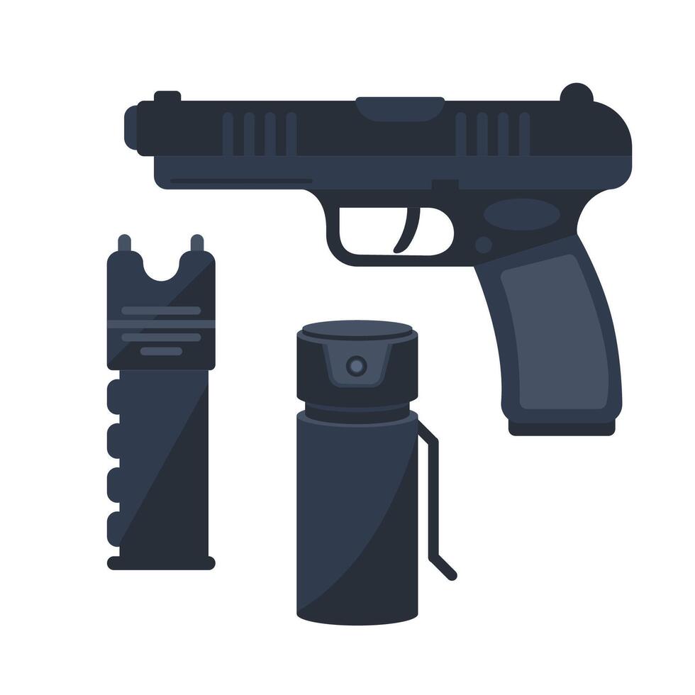 Collection of self defense equipment. Gun and pepper spray. Portable protective tools for personal security. vector
