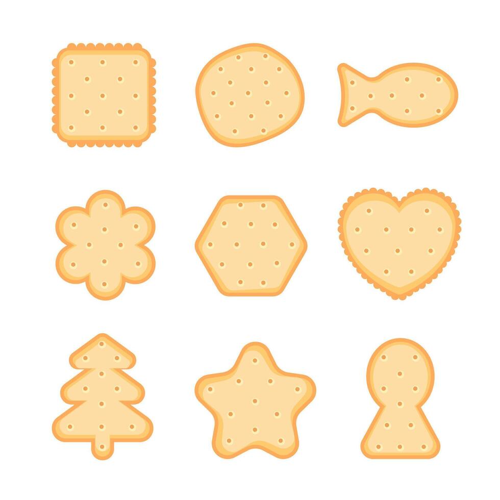 Biscuit cookie snacks. Cracker chips set. Breakfast dessert pastry. vector