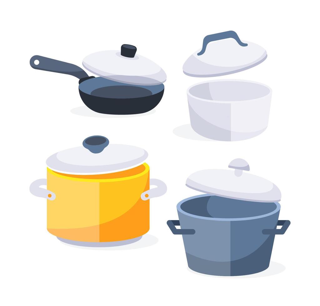 Pans pots and saucepans. Saucepans, frying pans. Kitchen pots vector