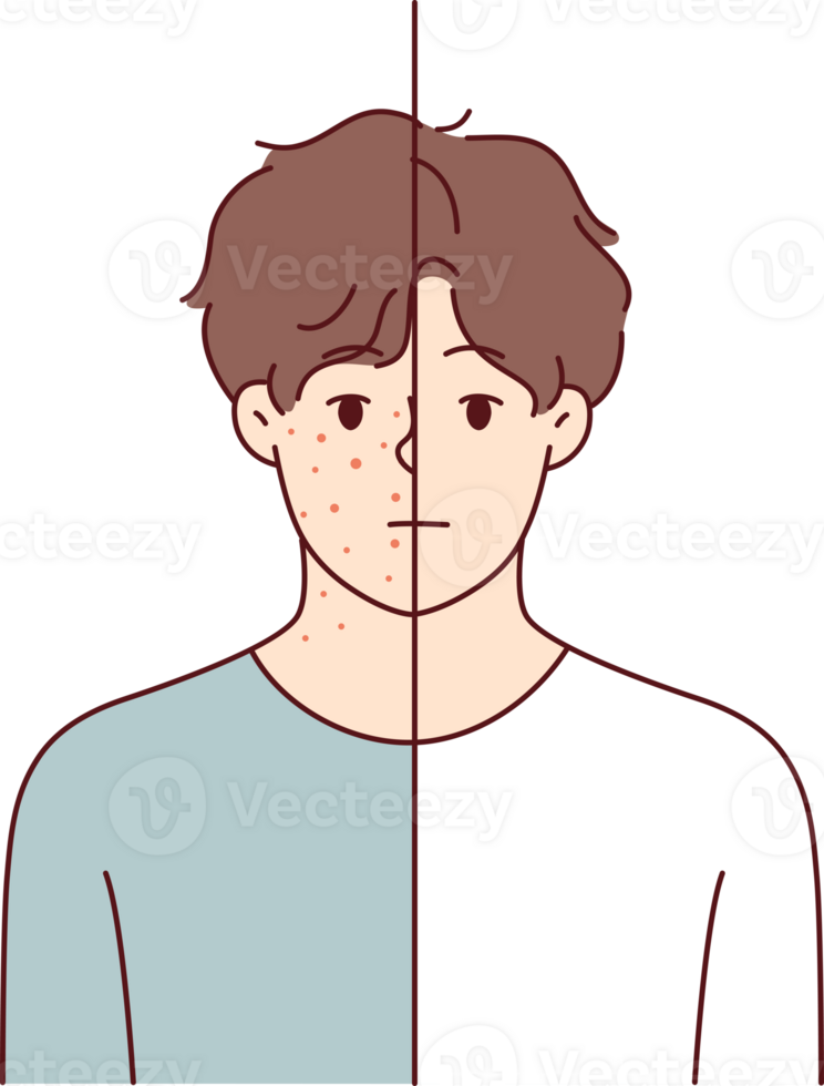 tiener- jongen met acne Aan gezicht en nek voordat en na gebruik makend van room dat helpt krijgen ontdoen van uitslag png